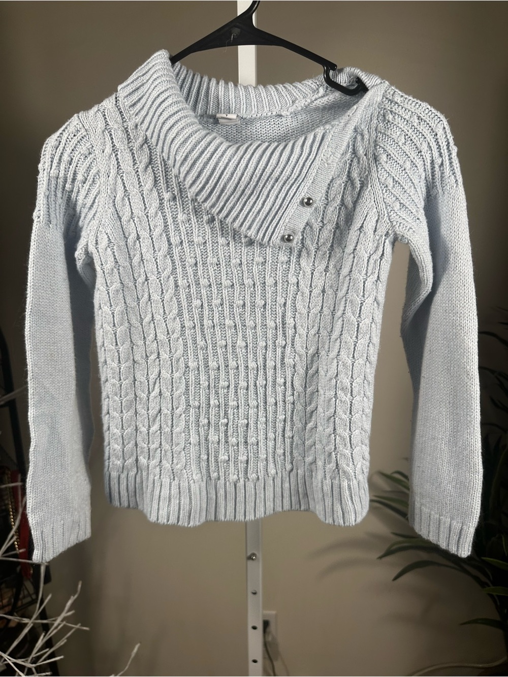 P220. Janie and Jack Pale Blue Cable-Knit Sweater with Buttoned Cowl